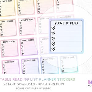 May include: A sheet of planner stickers with a gradient background. Each sticker is a square with rounded corners and the text "BOOKS TO READ". Below the text are five heart-shaped check boxes. The stickers are designed for reading list planning.