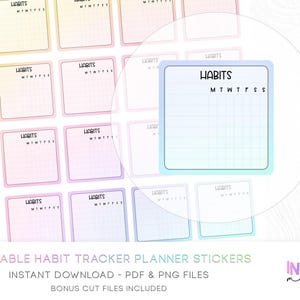 May include: Printable habit tracker planner stickers. Each sticker features a square design with a grid and the word "HABITS" at the top, with the days of the week abbreviated below. The stickers have a gradient colour scheme.