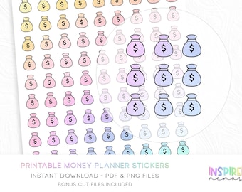Money Bag Planner Stickers - Pastel Rainbow - Printable Functional Planner Stickers