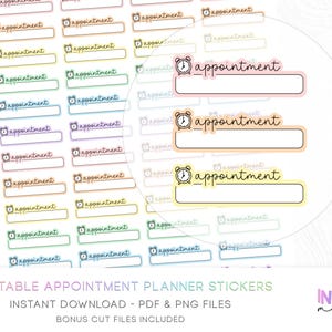 以下が含まれることがあります： カラフルな予定表ステッカーのシート。各ステッカーには、手書きフォントで「appointment」という単語と時計のアイコンが描かれています。ステッカーの色は、ピンク、オレンジ、黄色、緑、青など様々です。