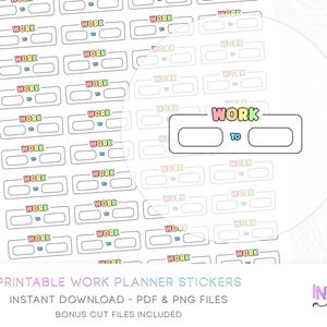 Könnte beinhalten: Blatt mit druckbaren Arbeitsplaner-Aufklebern. Jeder Aufkleber hat ein rechteckiges Design mit den Wörtern "WORK" und "TO" in einem Regenbogenfarbschema. Die Aufkleber sind für die Verwendung in einem Planer konzipiert.