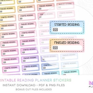 Puede incluir: Pegatinas imprimibles para planificador de lectura con los textos «Started Reading» y «Finished Reading». Las pegatinas son de varios colores pastel, incluyendo rosa, azul, amarillo y morado. Cada pegatina tiene un icono de libro.
