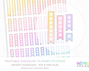 May include: A sheet of printable planner stickers featuring a variety of colorful, vertical banner designs. Each banner is a different pastel color, with a series of dots or flower shapes. The text at the bottom reads "PRINTABLE CHECKLIST PLANNER STICKERS".