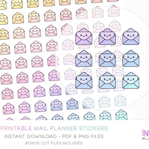 Könnte beinhalten: Bogen mit druckbaren Planer-Aufklebern mit lächelnden Umschlagmotiven in Pastelltönen. Die Umschläge sind in Gelb, Rosa, Lila und Blau gehalten. Der Text "PRINTABLE MAIL PLANNER STICKERS" ist unten im Bild zu sehen.