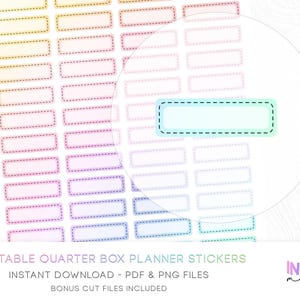 May include: A sheet of printable quarter box planner stickers with a rainbow gradient. Each sticker is a rectangle with a dotted border. The text "PRINTABLE QUARTER BOX PLANNER STICKERS" is visible at the bottom.