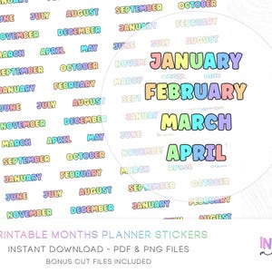 Könnte beinhalten: Planer-Aufkleber mit den Monaten des Jahres in einem Regenbogen-Farbverlauf. Die Wörter "Januar", "Februar", "März" und "April" sind hervorgehoben. Sofortiger Download in PDF- und PNG-Formaten, Bonus-Schnittdateien inklusive.