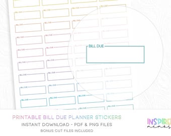 May include: Printable bill due planner stickers with a grid of rectangular boxes, each labeled "BILL DUE." The design features a gradient of colors, from yellow to blue. The text "PRINTABLE BILL DUE PLANNER STICKERS" is at the bottom.