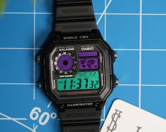 El Guasón - Casio Royale (AE1200) Reloj digital personalizado con hora mundial, nuevo, JellyLab Watches