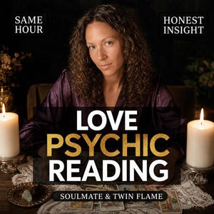 May include: A person with curly brown hair wearing a purple top, positioned behind a table with tarot cards, two white pillar candles, and a small crystal. Text reads: SAME HOUR, HONEST INSIGHT, LOVE PSYCHIC READING, SOULMATE & TWIN FLAME.