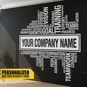 Può includere: Adesivo da parete bianco e nero con una nuvola di parole relative al business, tra cui 'obiettivo', 'lavoro di squadra', 'leadership', 'visione' e 'progresso'. L'adesivo include anche il testo 'Nome della tua azienda' in un carattere più grande.