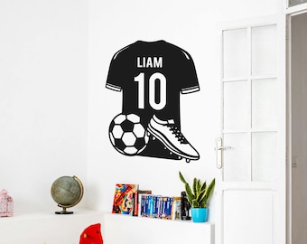 Soccer Wall Decal with Name & Number – Personalized Kids Room Vinyl Sticker – Custom Boys Sports Decor – Football Wall Art
