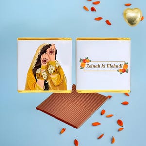 Personalised Chocolate Mehndi Favours | Yellow Orange Henna Mehndi Wedding Party Gift | Personalized Bride Favors, Table Decor for guests