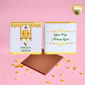 Personalized Chocolate Mehndi Favours | Yellow Orange Henna Mehndi Wedding Party Gift | Personalised Groom Favors, Table Decor for guests