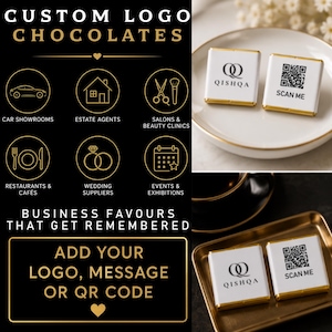 May include: Square chocolates wrapped in white foil with gold edges, featuring a black logo and a QR code with the text SCAN ME. The image includes text promoting custom logo chocolates for businesses, listing various industries and design options.