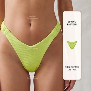 May include: A neon green bikini bottom with a textured fabric. The image includes a graphic with the text "SEWING PATTERN" and "BIKINI BOTTOM XXS - 4XL". The product is from "Vanua Patterns".