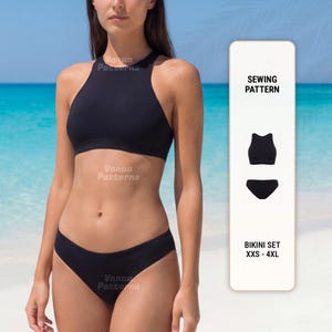May include: A black bikini set, featuring a high-neck top and low-rise bottoms, is displayed on a model at the beach. The image includes a sewing pattern graphic with the text "SEWING PATTERN" and "BIKINI SET XXS - 4XL".