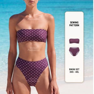 May include: A two-piece bikini set in a deep purple hue with white polka dots. The set includes a bandeau top and high-waisted bottoms. The image also features a sewing pattern with the text "SEWING PATTERN" and "BIKINI SET XXS - 4XL".