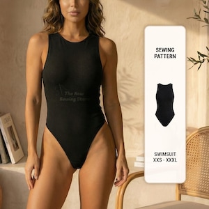 Pode incluir: Um body preto canelado com perna de corte alto e decote redondo. A imagem inclui um gráfico de padrão de costura e o texto "Swimsuit XXS-XXXL". O body é sem mangas.