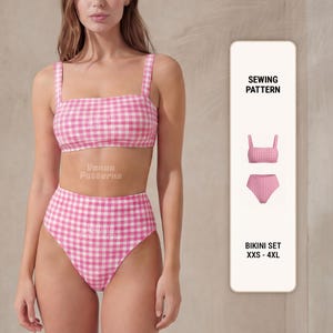 May include: A pink and white gingham bikini set. The high-waisted bottoms and square-neck top are displayed on a model. The image also includes a graphic with the words "SEWING PATTERN" and "BIKINI SET XXS - 4XL". The brand name "Vanua Patterns" is also visible.