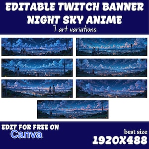 Editable twitch banner, anime night sky with clouds | twitch banner template, customizable on canva, stream profile, 7 art variations, Cozy.