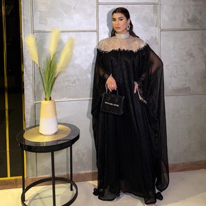 Black Moroccan Kaftan: Elegant Silver Neckline Maxi Dress