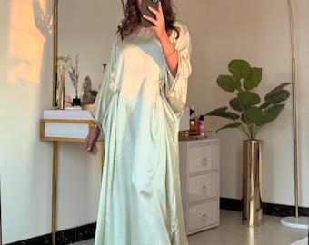 Sage Green Kaftan Dress | Silk Maxi Dress for Women | Modest Evening Gown | Long Sleeve Formal Dress | Wedding Guest Outfit | Party Wear
