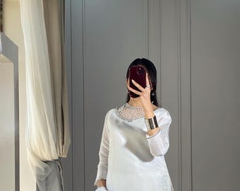 Conjunto blanco Farshi Shalwar: traje paquistaní de 3 piezas