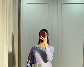 Lilac Kaftan Dress | Modest Wear, Italian Moonlight Fabric, Embellished Neckline, Draped Sleeves, Wedding Guest Outfit, Bridal Shower Dress