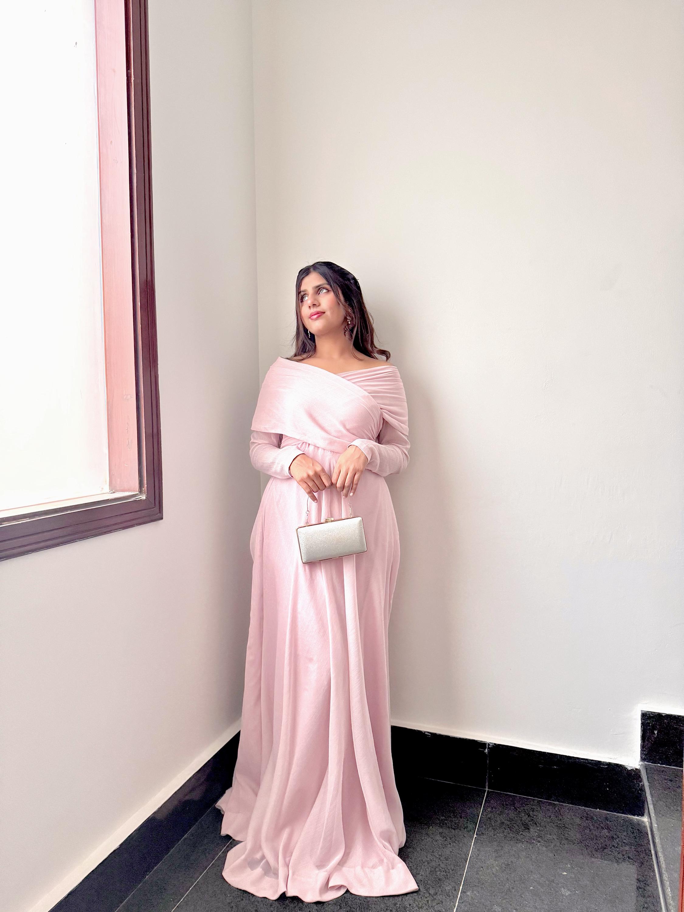 Pink Drop Shoulder Maxi Dress: Long Sleeve Evening Gown