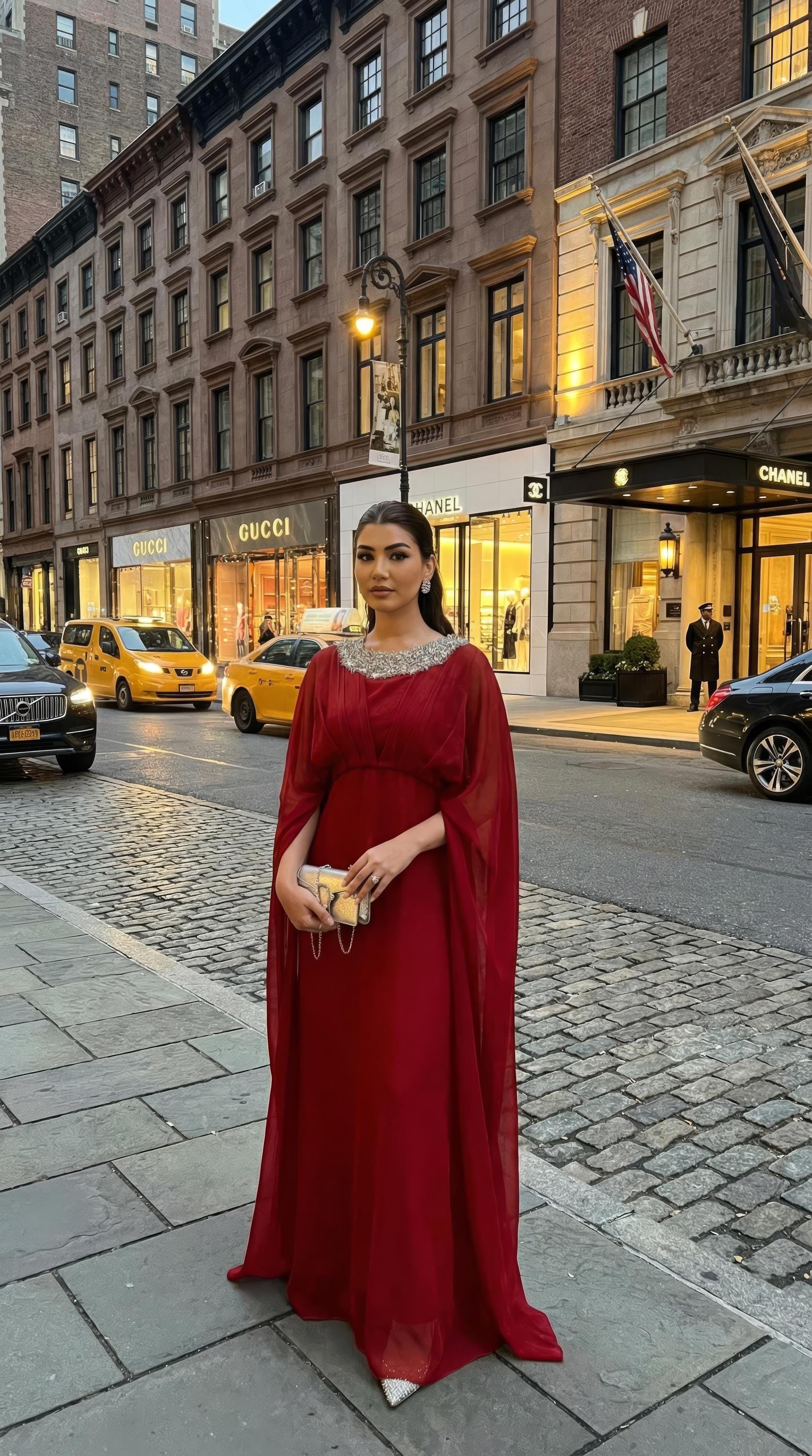 red cape sleeve dress Red Pleated Maxi Dress
