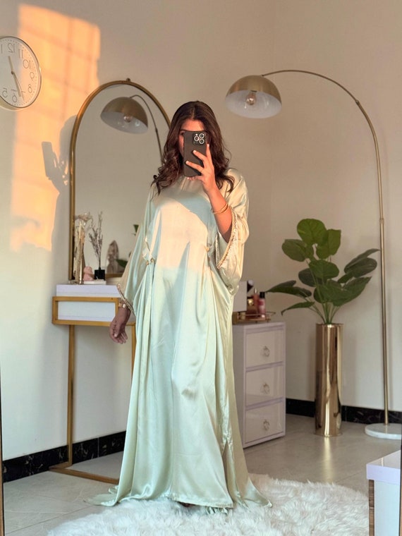 Sage Green Silk Kaftan Dress: Long Sleeve Evening Gown