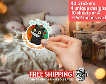 Anxious Cat with knife 40 stickers I "No Problem" Combo, 10 sheets of 4 feral sarcastic cat lover chaos emotional support work bestie gift