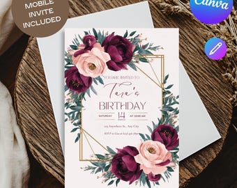 Floral Birthday Invitation Template: Editable Canva E-vite (Digital)