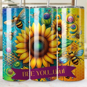 Envoltorio para vaso con diseño de abeja y girasol, inspirador y digital con estampado de panal vibrante.