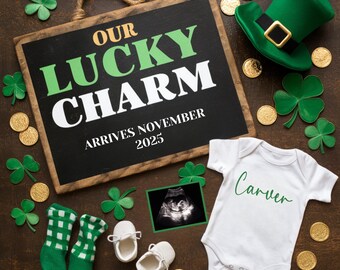 Customizable St. Patrick's Day Pregnancy Announcement: Lucky Charm Reveal (Digital Download)