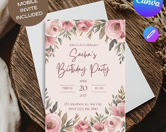 Floral Birthday Invitation Template: Editable Canva Design (Digital)