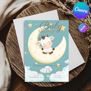 La vache a sauté par-dessus la lune, invitation baby shower, invitation numérique, invitation mobile, baby shower de printemps, téléchargement immédiat, animaux de la ferme