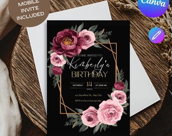 Floral Birthday Invitation Template: Elegant E-vite, Canva Editable (Digital)