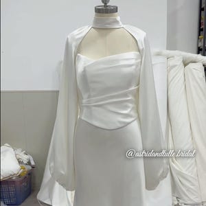 Lily | 2 ways - Modern Satin Wedding Dress with Detachable Sleeves | Minimalist Draped Neck Bridal Gown with Open Back Bow | Sleek Fit