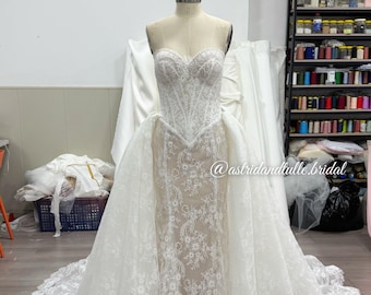 Aileen | Sweetheart corset basque waist mermaid lace gown with lace overskirt | 2 ways wedding gown