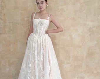 MAYA |  Basque Waist Lace Corset Wedding Dress | Detachable Straps | Side Split