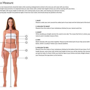 May include: An instructional diagram titled How to Measure, featuring a figure in white undergarments with numbered lines indicating measurement points for bust, hollow to waist, waist, hips, and hollow to hem, including 9 inches as a reference.