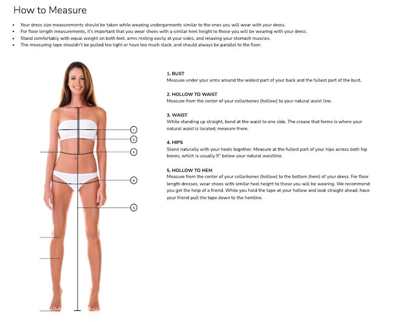 May include: An instructional diagram titled How to Measure, featuring a figure in white undergarments with numbered lines indicating measurement points for bust, hollow to waist, waist, hips, and hollow to hem, including 9 inches as a reference.