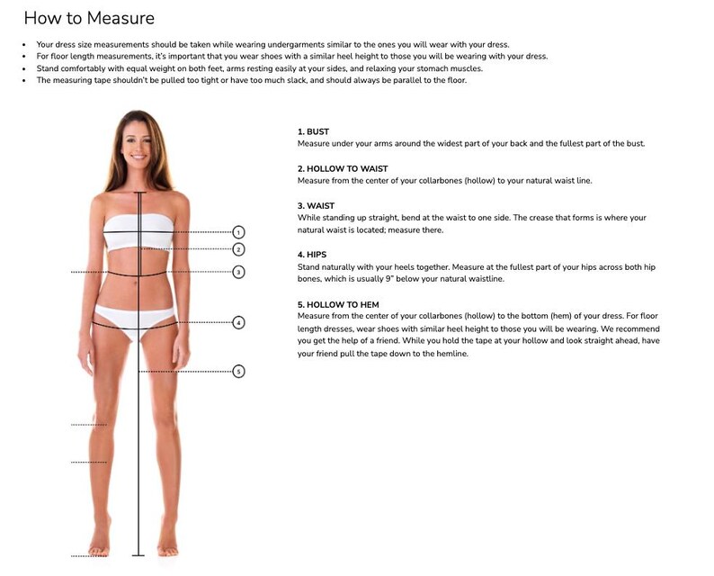 May include: Diagram illustrating how to measure for a dress. A woman is shown with measurement lines indicating bust, waist, hips, and hollow to hem. Text provides instructions for each measurement, emphasizing proper posture and the use of similar undergarments and shoes.