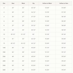 May include: A detailed size chart with measurements in inches for bust, waist, hip, hollow to waist, and hollow to hem. Sizes range from 0 to 26W, providing a comprehensive guide for garment fitting.