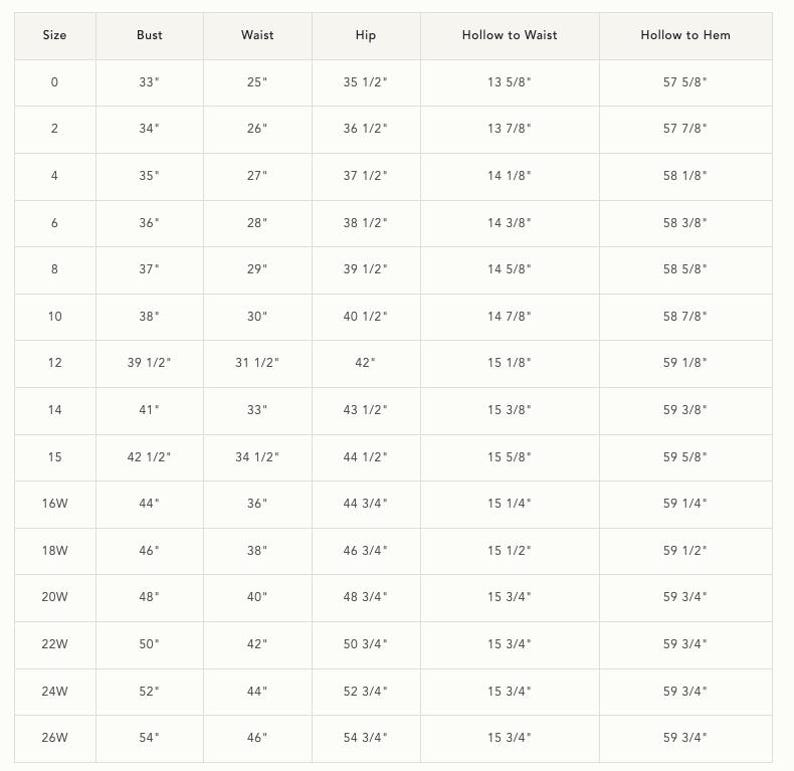 May include: A size chart table with columns for Size, Bust, Waist, Hip, Hollow to Waist, and Hollow to Hem. The rows list sizes from 0 to 26W with corresponding measurements in inches. The text is black on a white background with thin grid lines.
