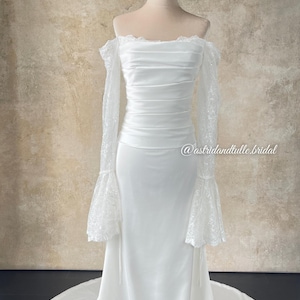 Emily | Off Shoulder Lace Sleeve Wedding Dress | Fitted Crepe Bridal Gown with Train | Lace satin wedding gown image 1
