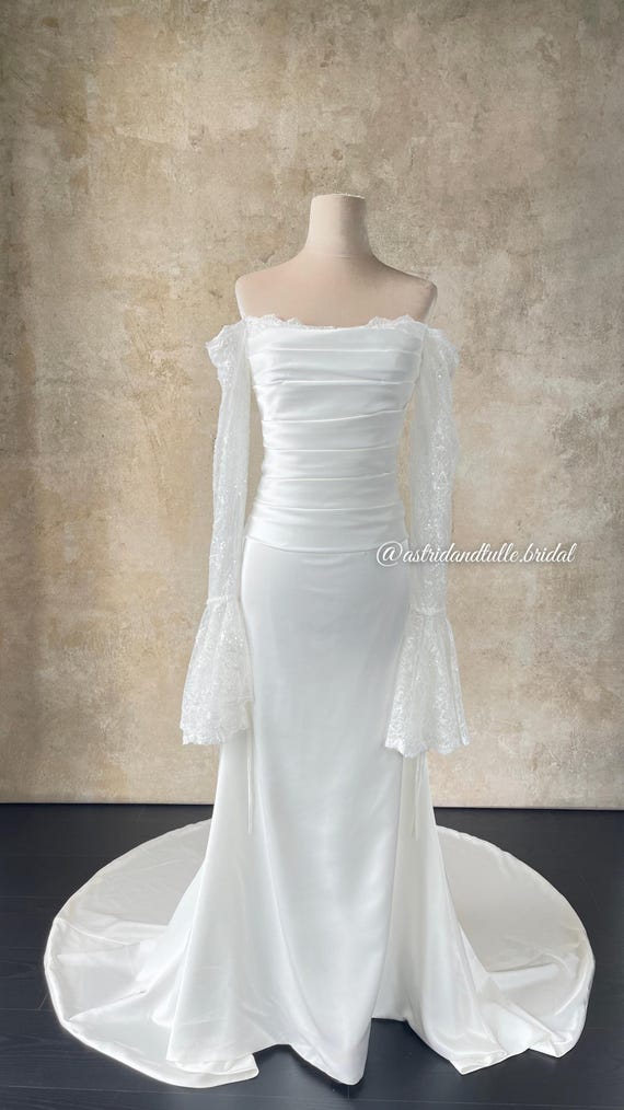 Emily | Off Shoulder Lace Sleeve Wedding Dress | Fitted Crepe Bridal Gown with Train | Lace satin wedding gown
