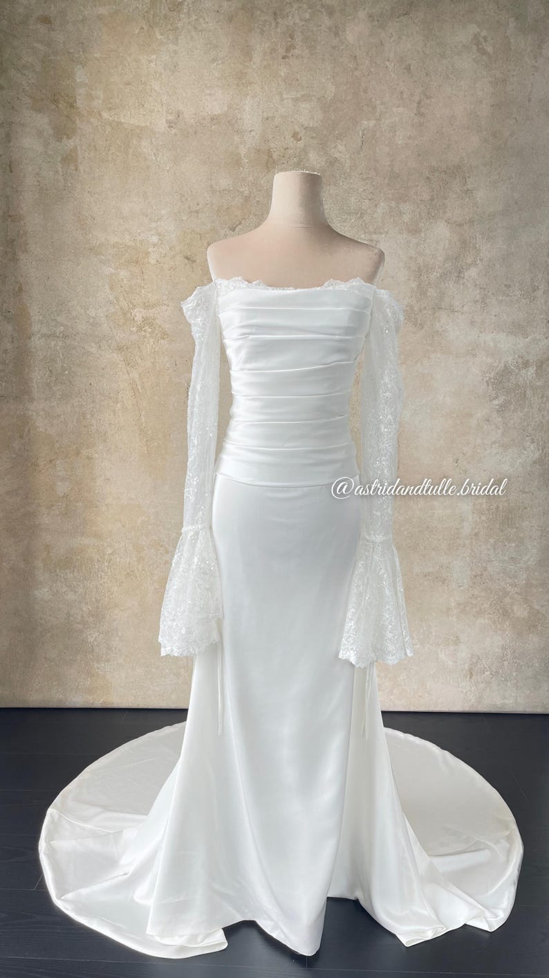 Emily | Off Shoulder Lace Sleeve Wedding Dress | Fitted Crepe Bridal Gown with Train | Lace satin wedding gown image 1