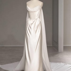 Minimalist Satin Off-Shoulder Corset Wedding Dress with Sheer Cape - Selene